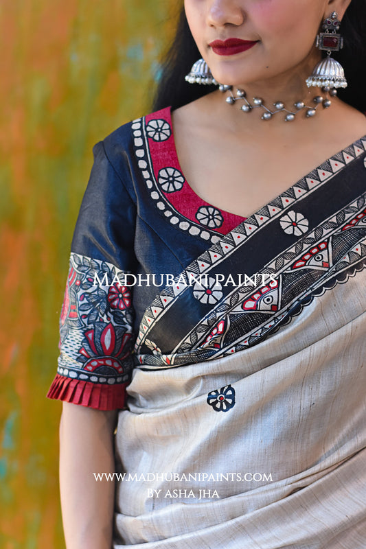 'SAGARIKA' Hand-painted Madhubani Tussar Silk Saree Blouse Set