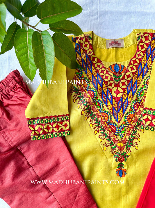 UPNAYAN Hand-painted Handloom Kids Tussar Silk Kurta pant dupatta set upto 6 years)
