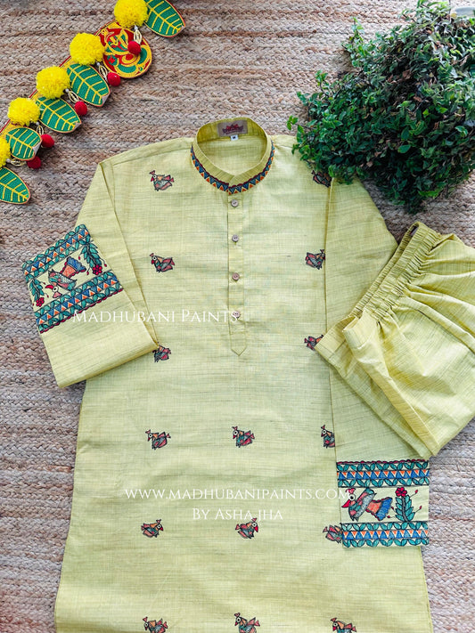 Yellow Mayuri Hand-painted Handloom Men's Cotton Kurta