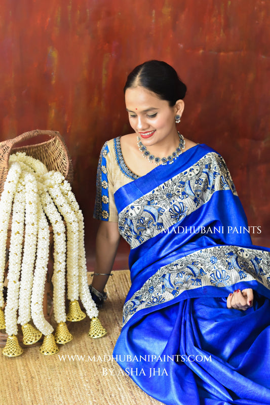 'SAUNDARYA' Hand-painted Madhubani Tussar Silk Saree Blouse Set
