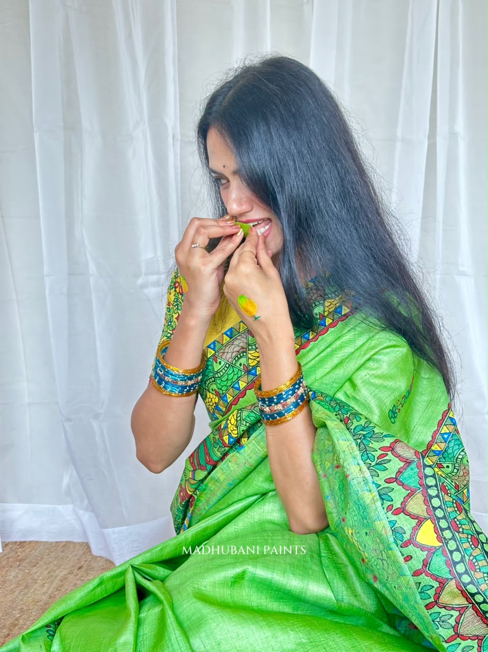 'Ammua Mahuwwa' Handpainted Madhubani Tussar Silk Saree