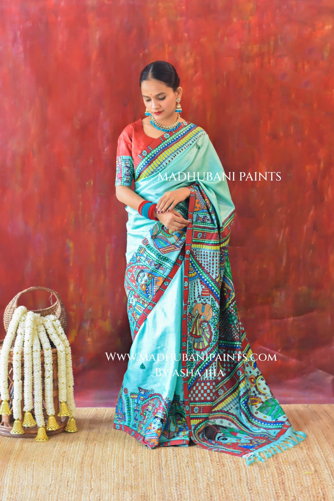 AASMANI MANGALYA Hand-painted Madhubani Tussar Silk Saree Blouse Set