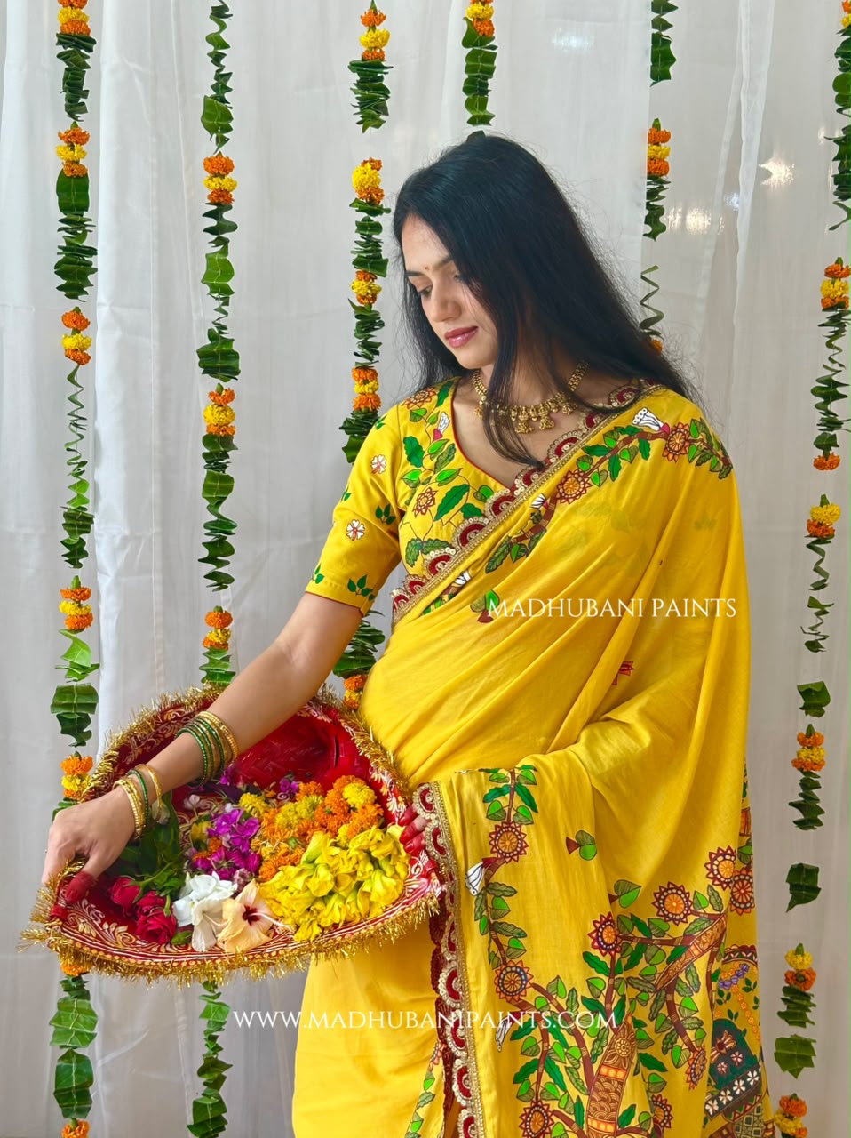 Madhushravani Yellow Bridal Hand-painted Madhubani Painting Cotton Saree