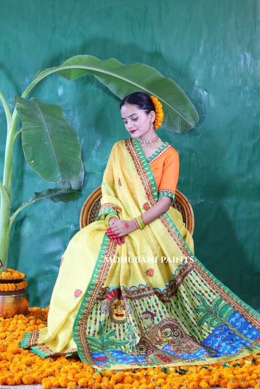 VRATI Chhath Puja Handpainted Madhubani Tissue Linen Saree