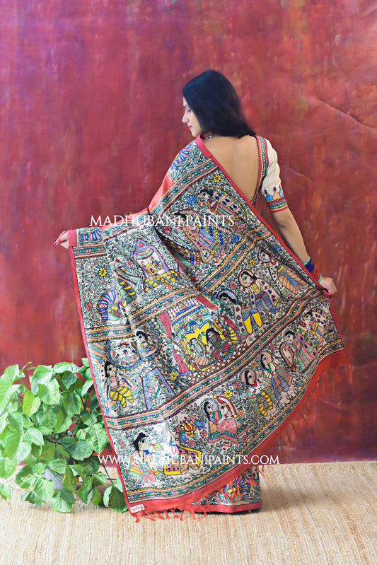 "Laal Ramayan" Hand-painted Madhubani Tussar Silk Saree Blouse Set