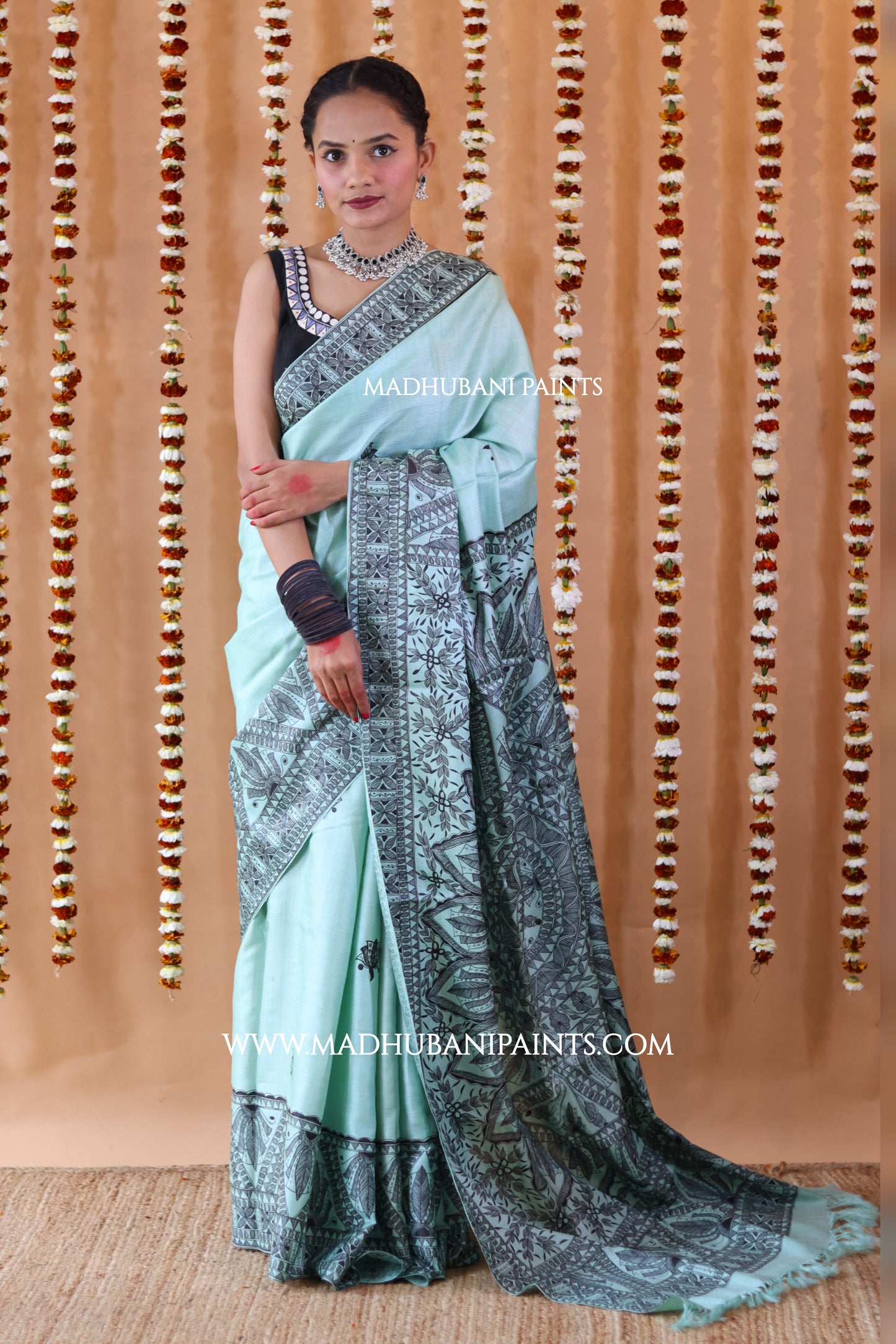 SAANKH KAMAL MANDALA Hand-painted Madhubani Tussar Silk Saree Blouse Set