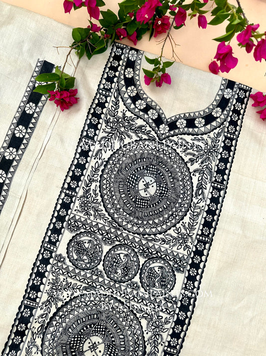 Black Phool Bharni Handpainted Unstitched Tussar Silk Kurta