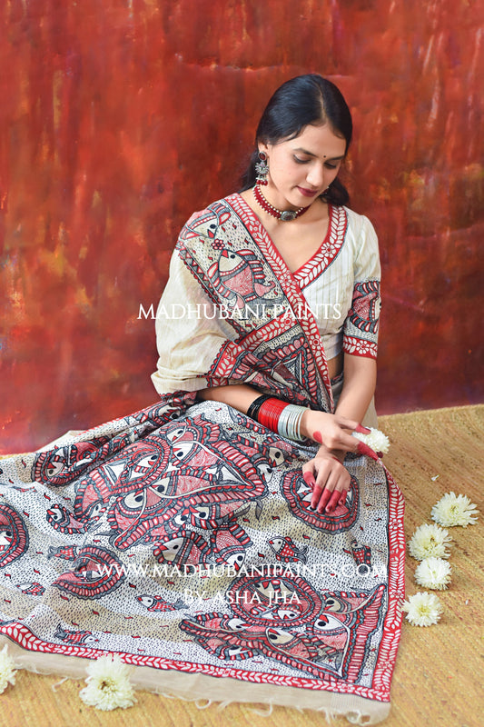 JAL TARANG Hand-painted Madhubani Chanderi Saree Blouse Set