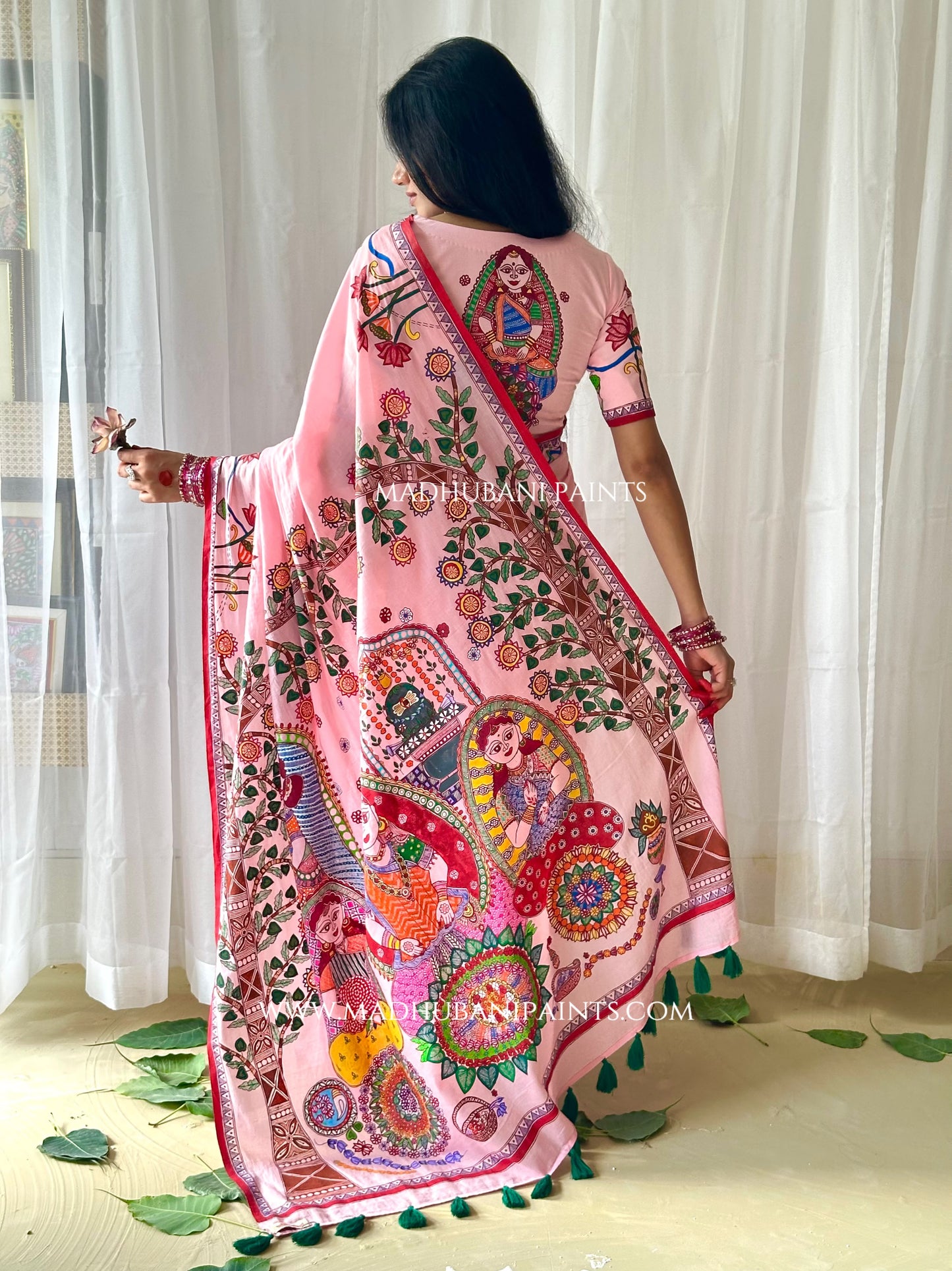 Madhushravani Pink Bridal Hand-painted Madhubani Painting Cotton Saree