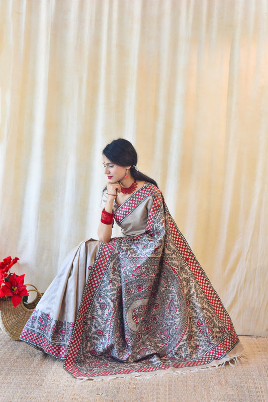 NADI KINARE Hand-painted Madhubani Tussar Silk Saree