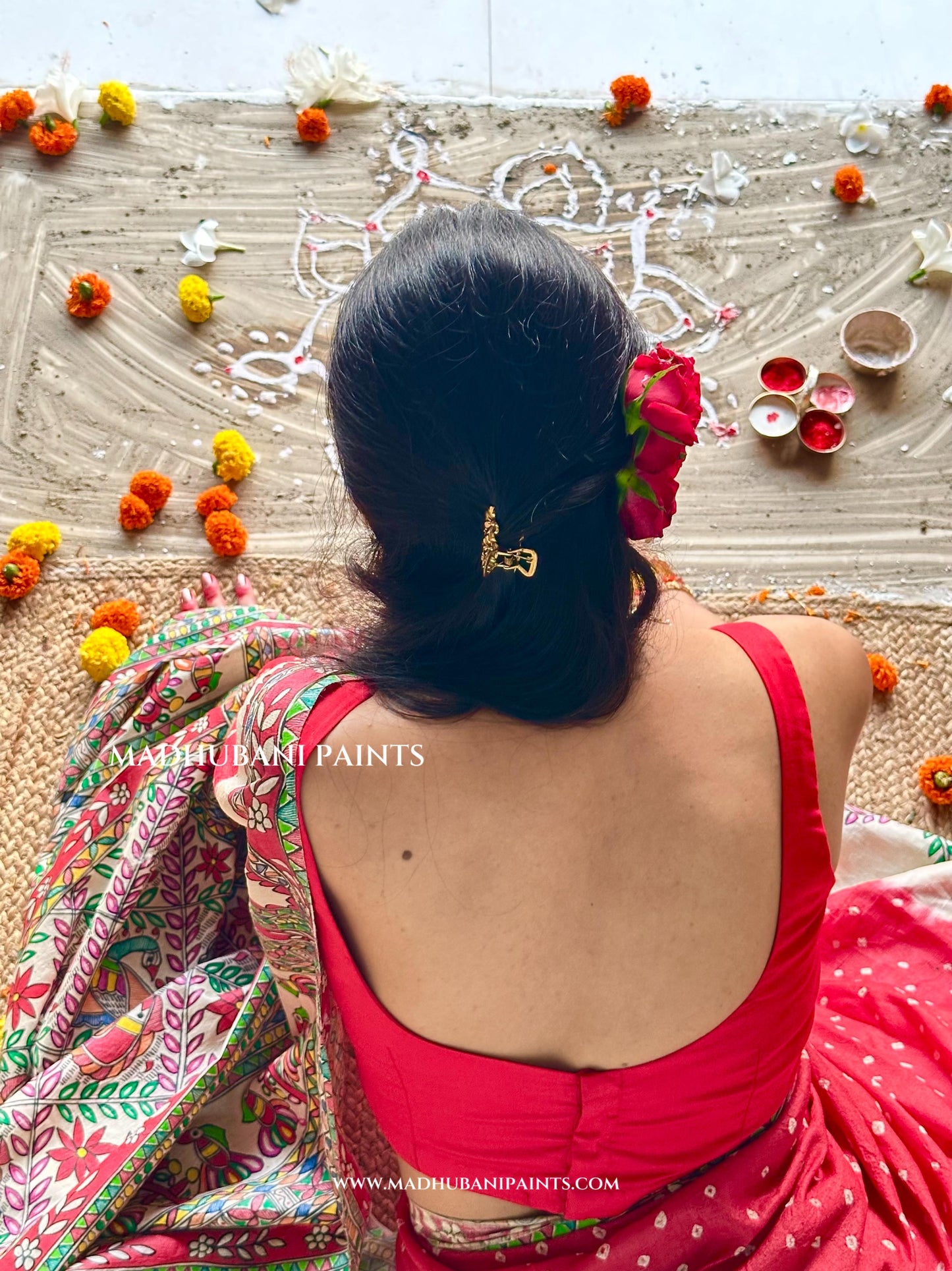 GULAB Handpainted Tussar Silk Bandhini Madhubani Saree