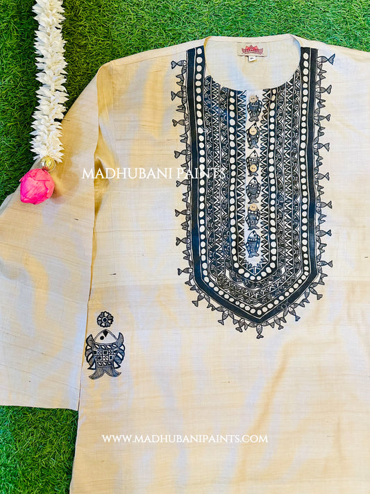 Kaali Surmai Kamal Hand-painted Madhubani Men's Tussar Silk Kurta
