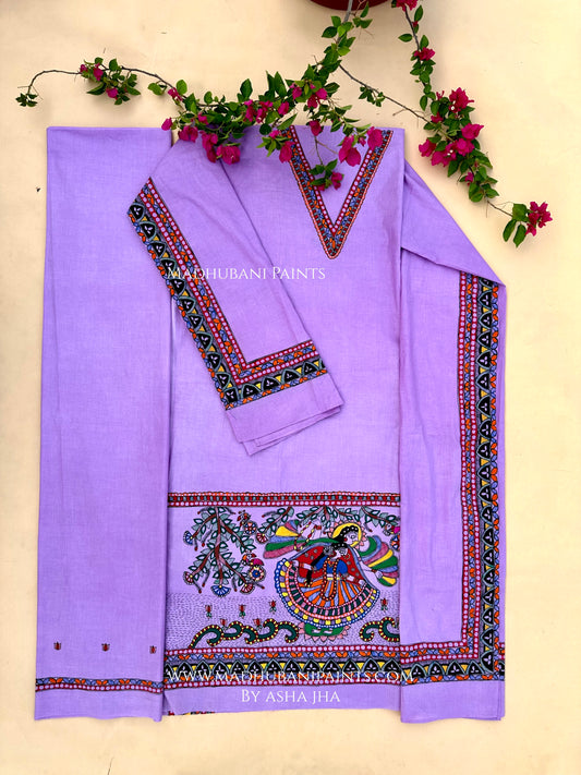 Lilac Radha Krishna Hand-painted Madhubani Painting Cotton Unstitched Kurta Pant Dupatta Set