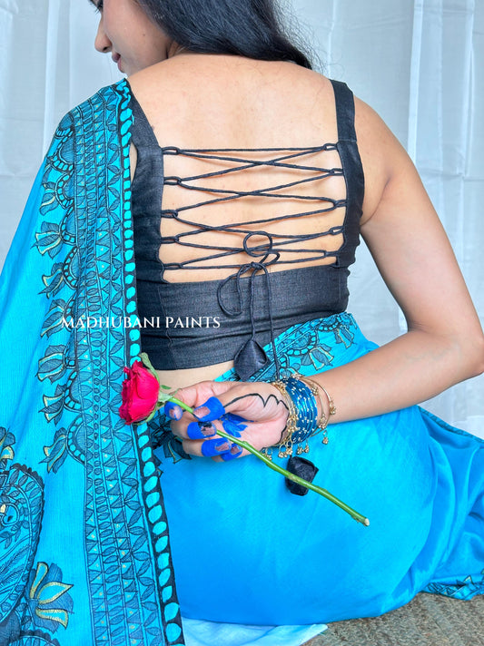 Aasmani Doli Hand-painted Madhubani Chiffon Saree Blouse Set