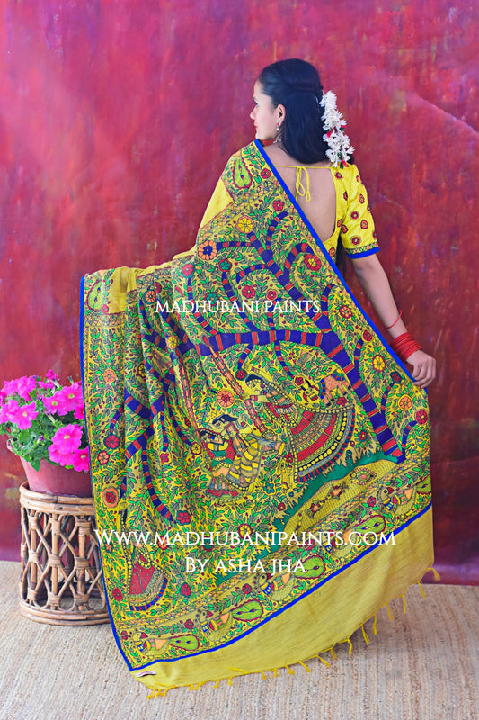 BRAJ KI BELA Hand-painted Madhubani Chanderi  Saree Blouse set
