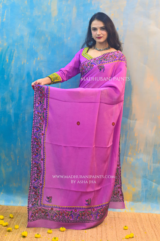 Baigani Mor Hand-painted Madhubani Chiffon Saree Blouse Set