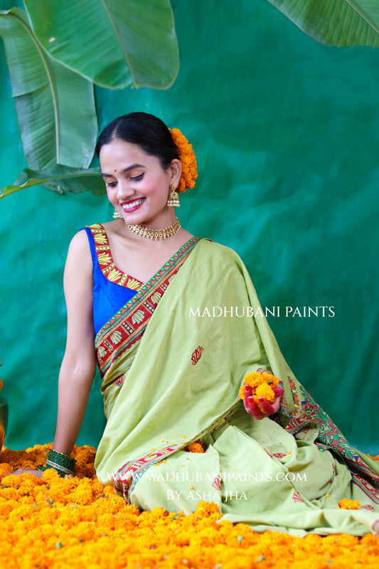 BHAKTI BHAVA Chhath Puja Hand painted Madhubani Mul Cotton Saree