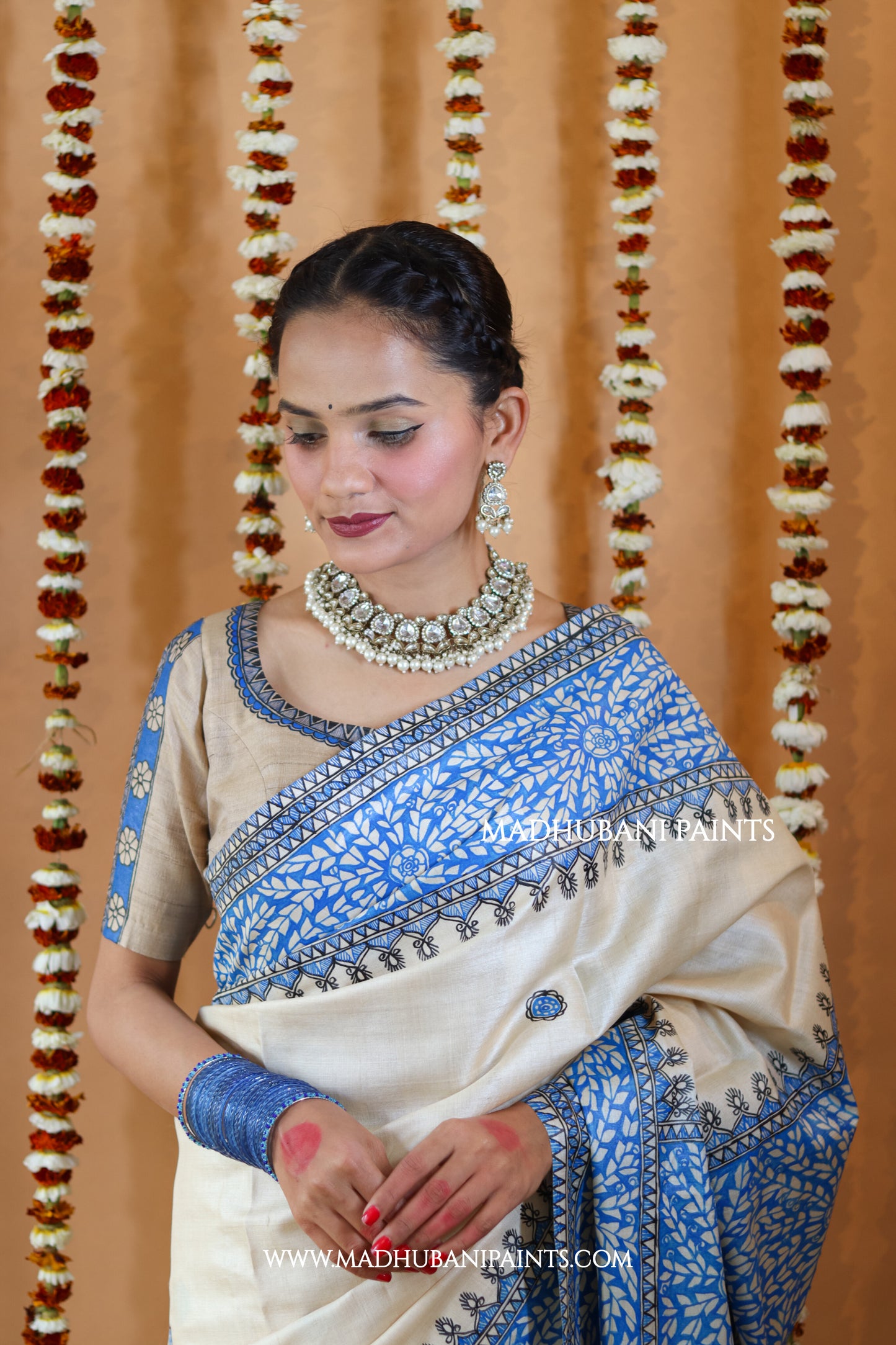 Blue Patta Handpainted Tussar Silk Saree Blouse Set