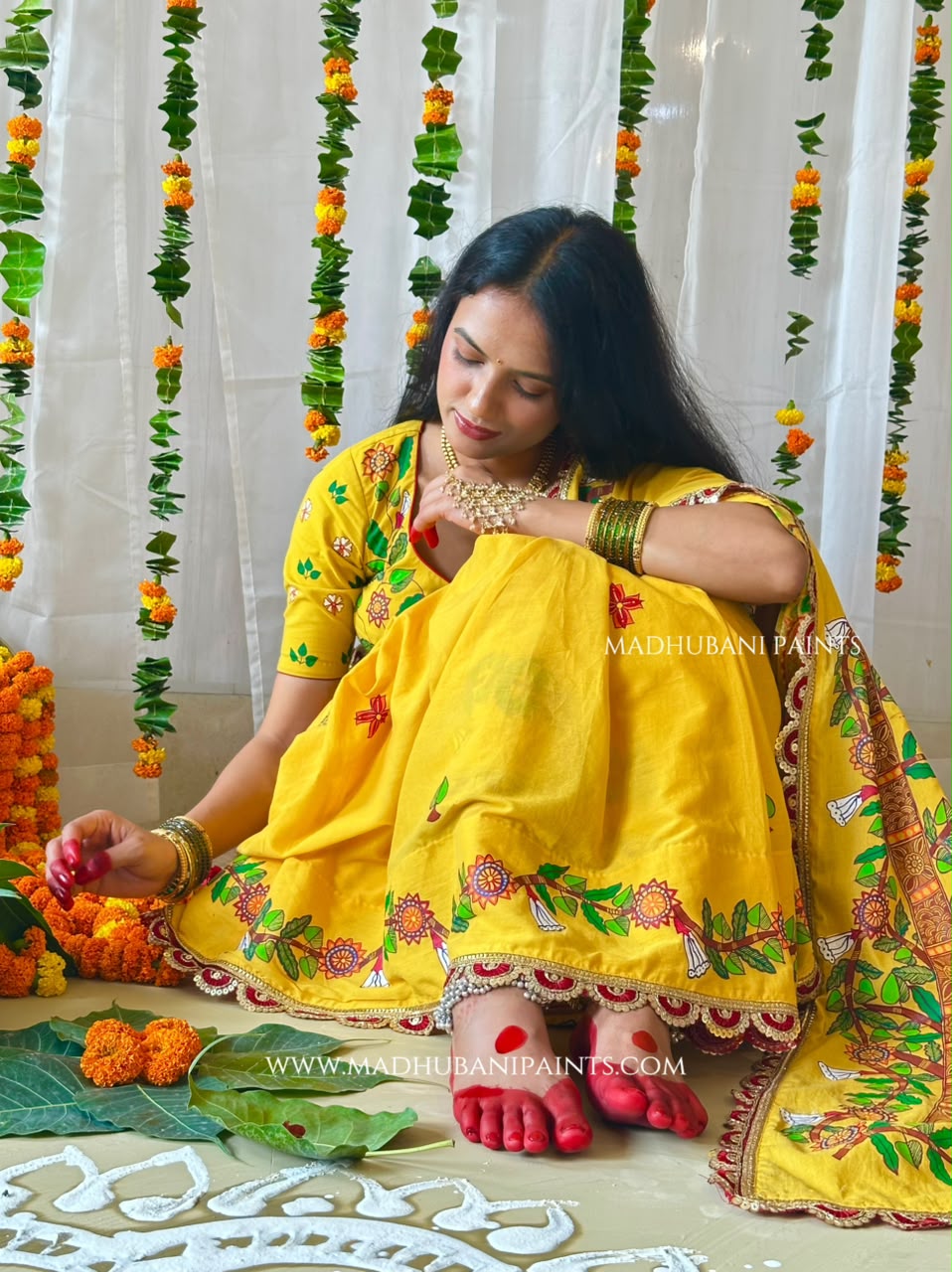 Madhushravani Yellow Bridal Hand-painted Madhubani Painting Cotton Saree Blouse Set