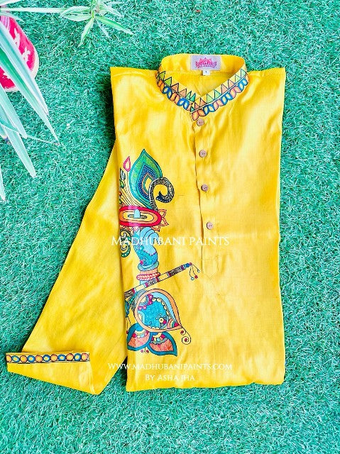 Yellow Krishna's Mor Paankh Hand-painted Madhubani Men's Tussar Silk Kurta