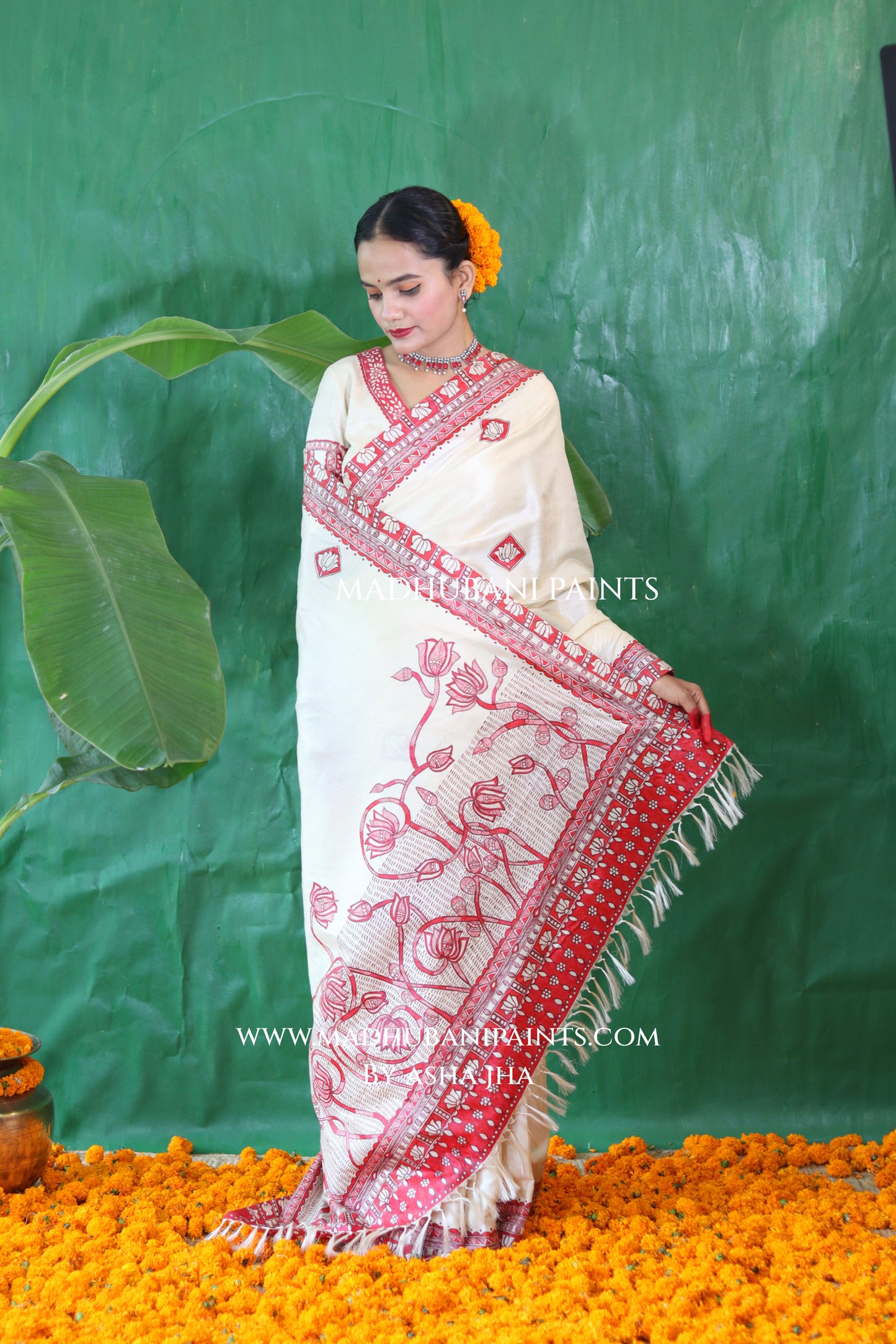 KAMALAKSHI Chhath Puja Handpainted Madhubani Tussar Silk Saree Blouse Set