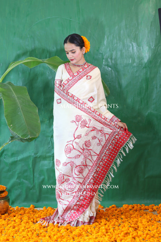 KAMALAKSHI Chhath Puja Handpainted Madhubani Tussar Silk Saree