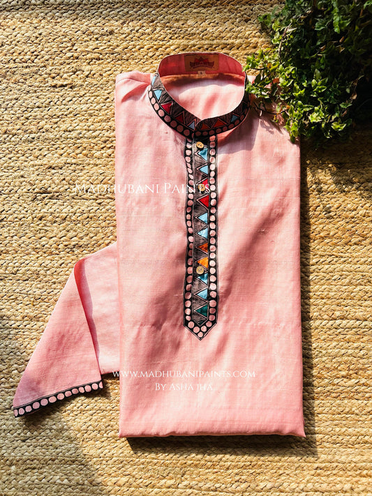 Pink Mithila Borders Men's Hand-painted  Madhubani Tussar Silk Kurta