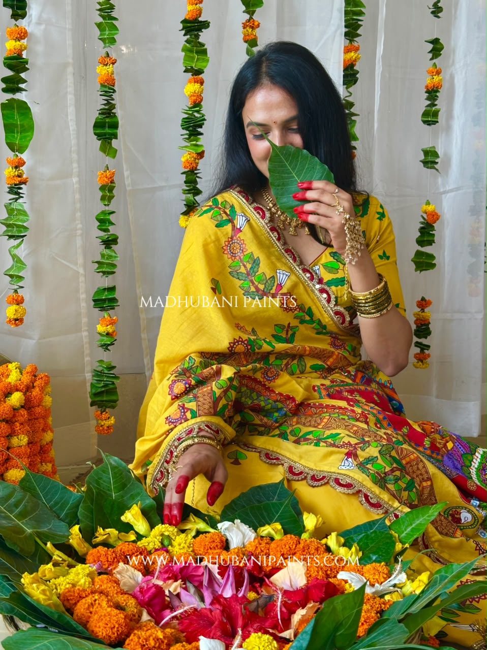 Madhushravani Yellow Bridal Hand-painted Madhubani Painting Cotton Saree