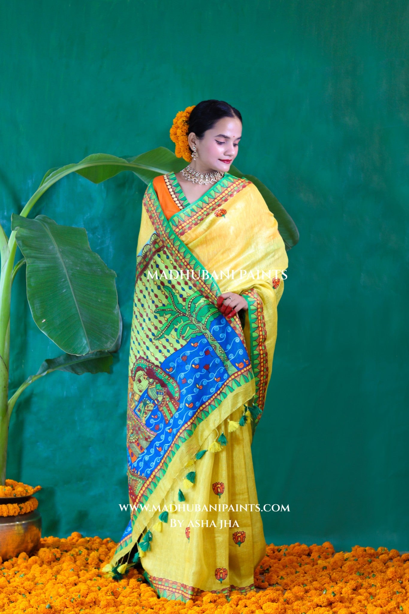 VRATI Chhath Puja Handpainted Madhubani Tissue Linen Saree