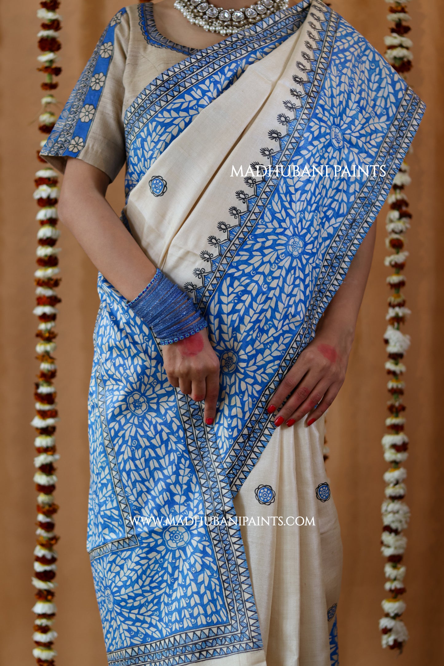 Blue Patta Handpainted Tussar Silk Saree Blouse Set