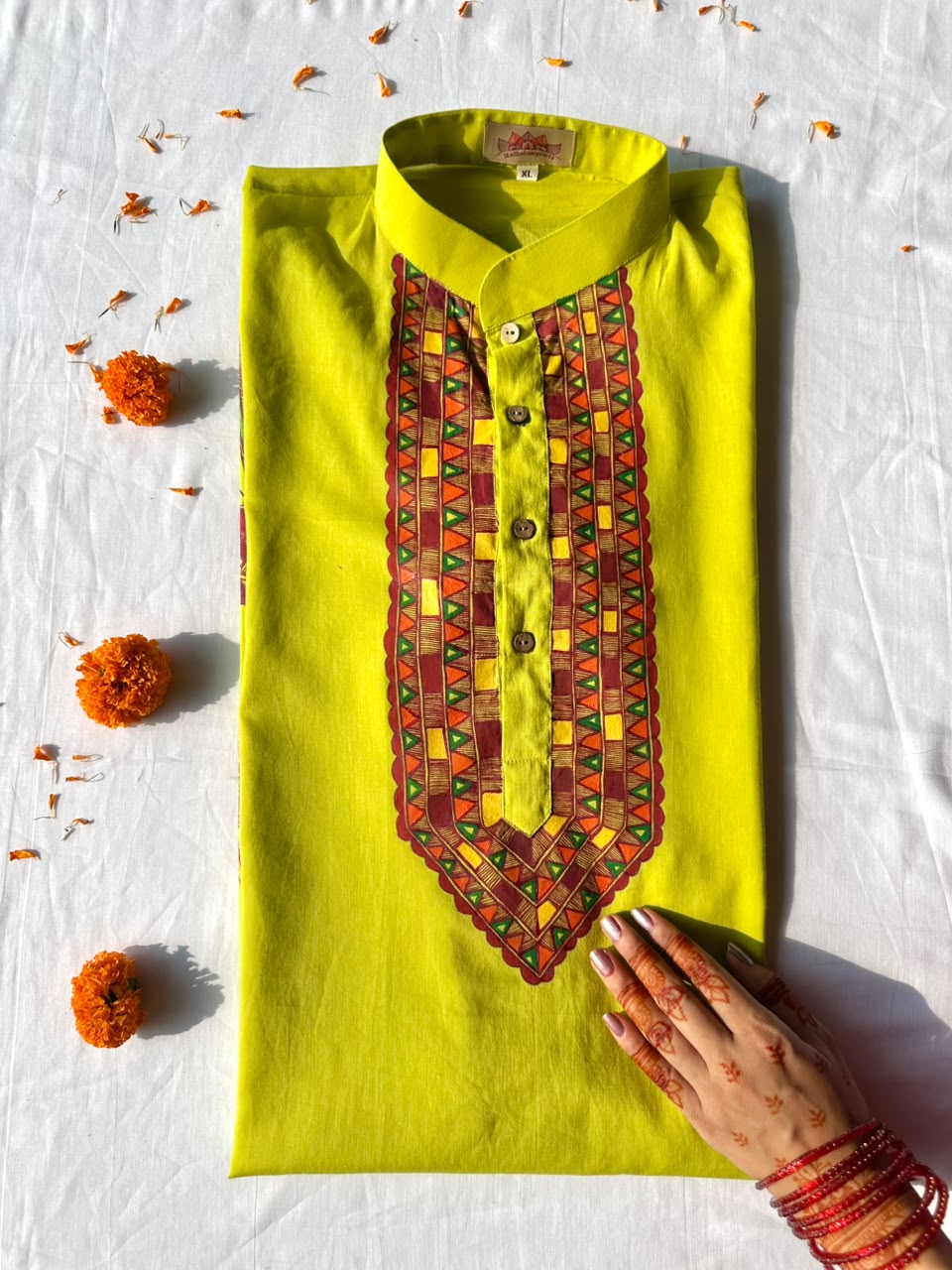 Green Chhath Puja Hand-painted  Madhubani Men's Cotton Kurta