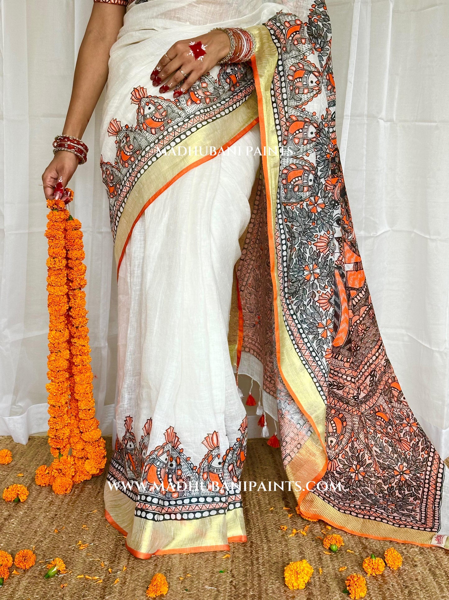 Linen Radha Krishna Hand-painted Madhubani Painting Saree