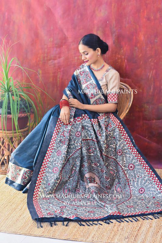 SAMUNDRAMAYI Hand-Painted Madhubani Tussar Silk Saree
