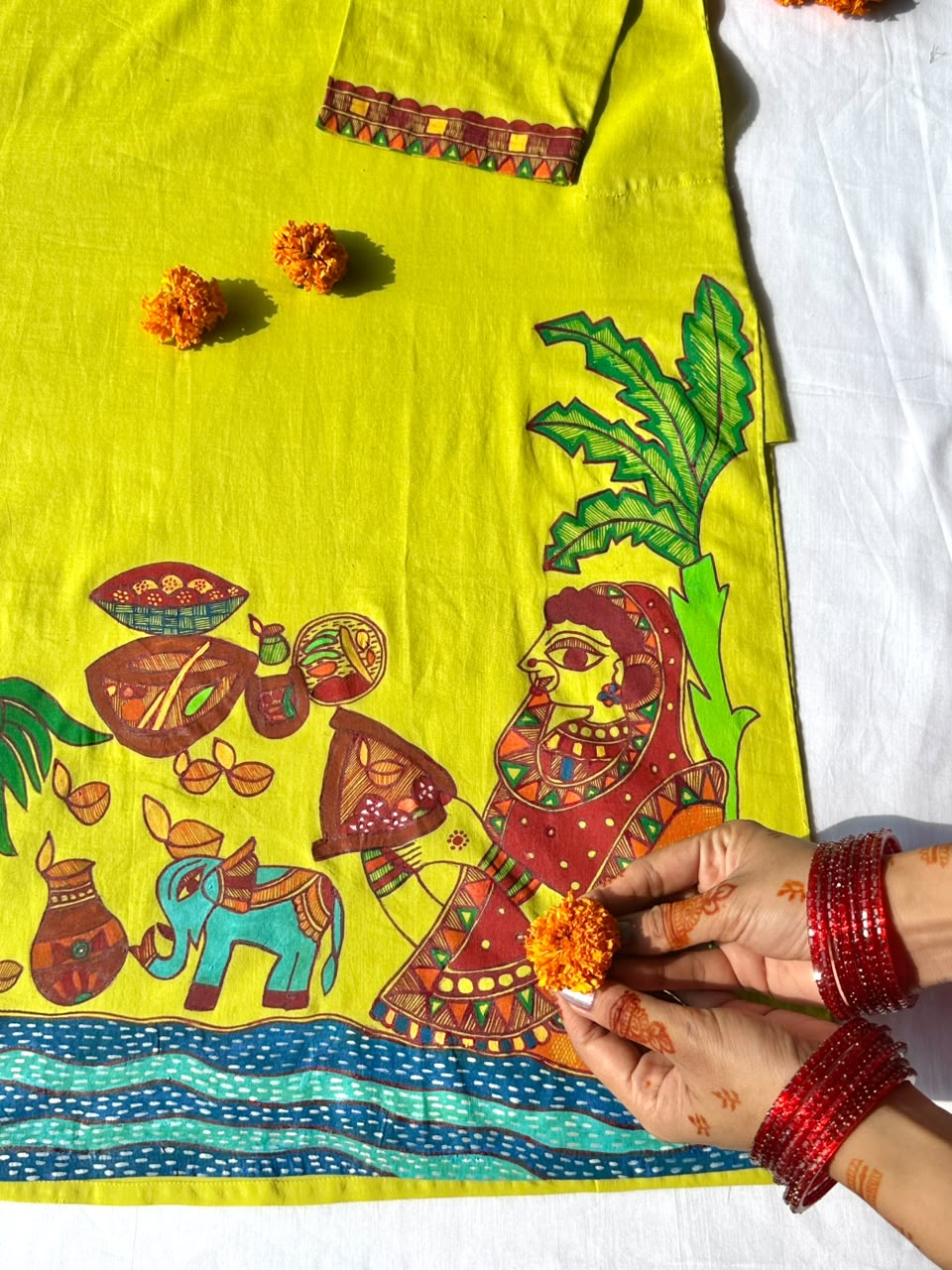 Green Chhath Puja Hand-painted  Madhubani Men's Cotton Kurta