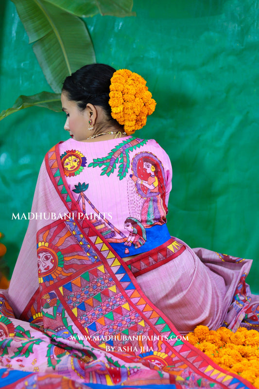 CHHATHI MAIYA Handpainted Madhubani Chanderi Saree Blouse Set