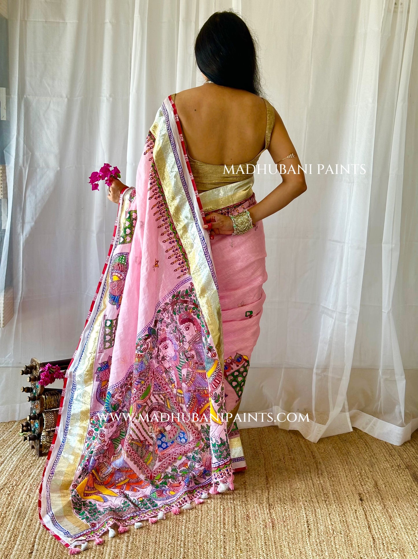 Gulabi Bridal Hand-painted Madhubani Painting Saree