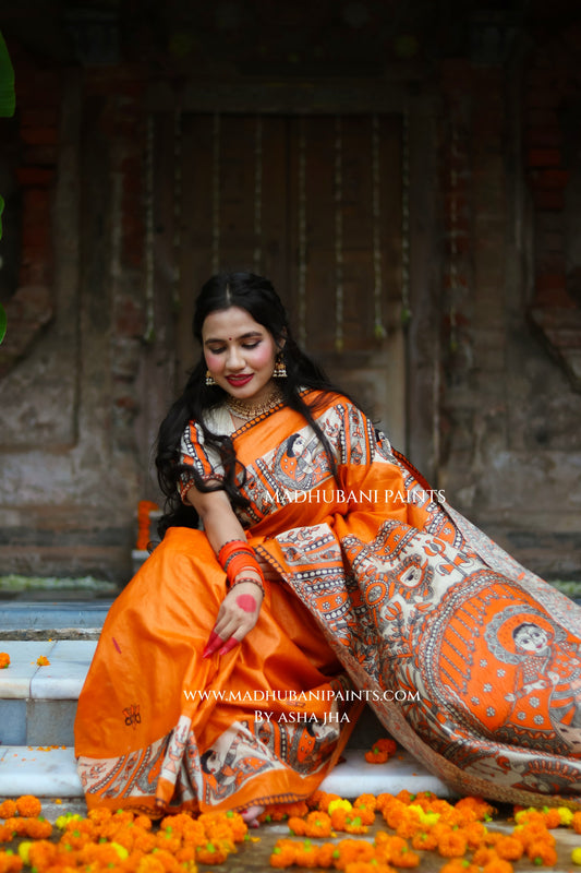 KESARIYA NAINTARA Handpainted Tussar Silk Madhubani Saree Blouse Set