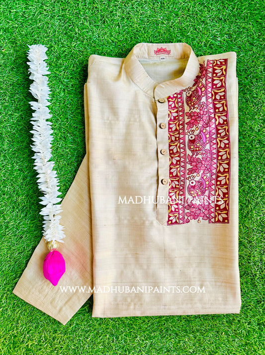 Maroon Golden Mithila Border Hand-painted Handloom Men's Tussar Silk Kurta