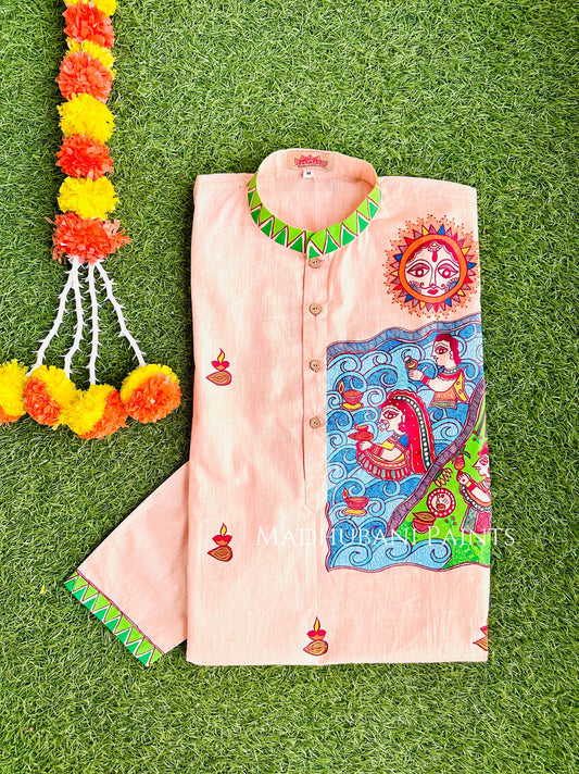Peach Chhath Puja Hand-painted Madhubani Men's Cotton Kurta