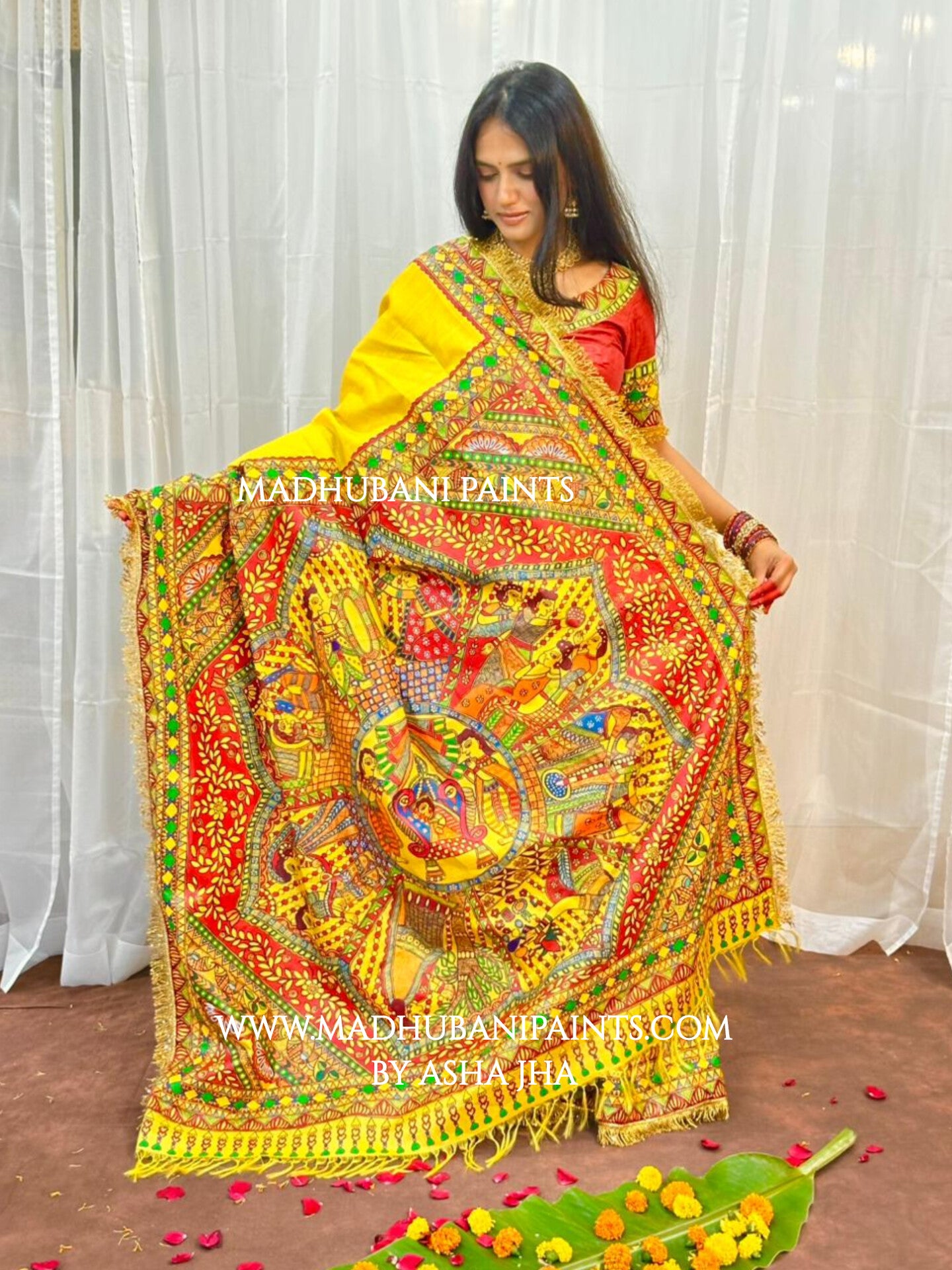 MITHILA VIVAH BRIDAL Hand-painted Madhubani Tussar Silk Saree Blouse Set