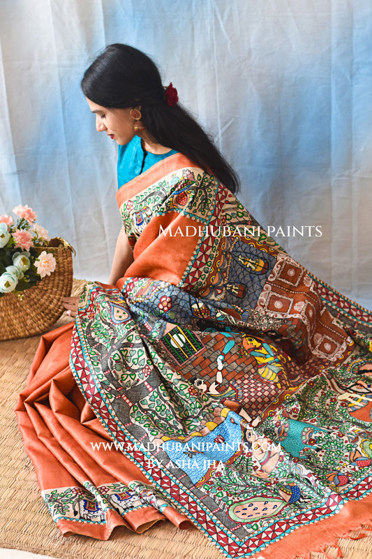 KANHA KI MAAKHAN LEELA Handpainted Madhubani Tussar Silk Saree