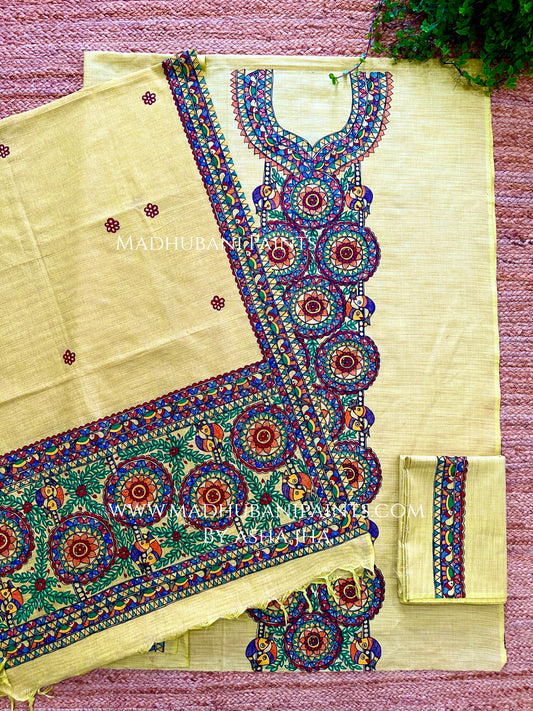 Phoolwari Matsya Hand-painted Madhubani Painting Cotton Unstitched Kurta Pant Dupatta Set