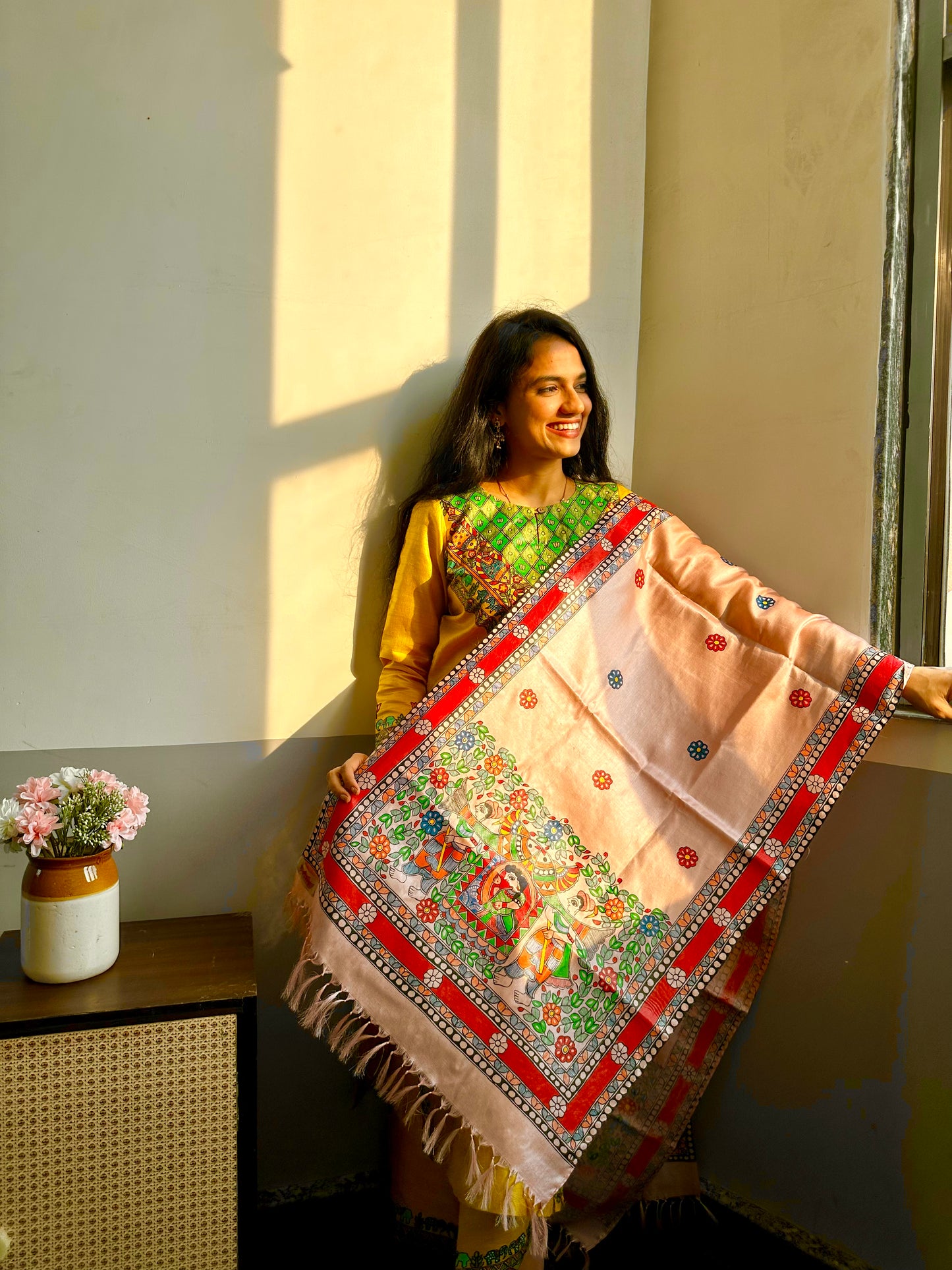Pink Bidaai Madhubani Hand-painted Tussar Silk Stole