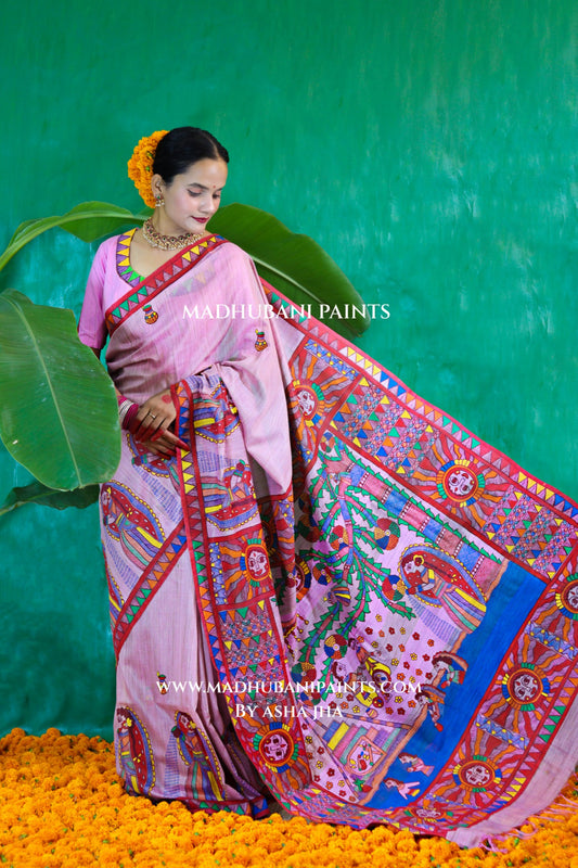CHHATHI MAIYAA Handpainted Madhubani Chanderi Saree