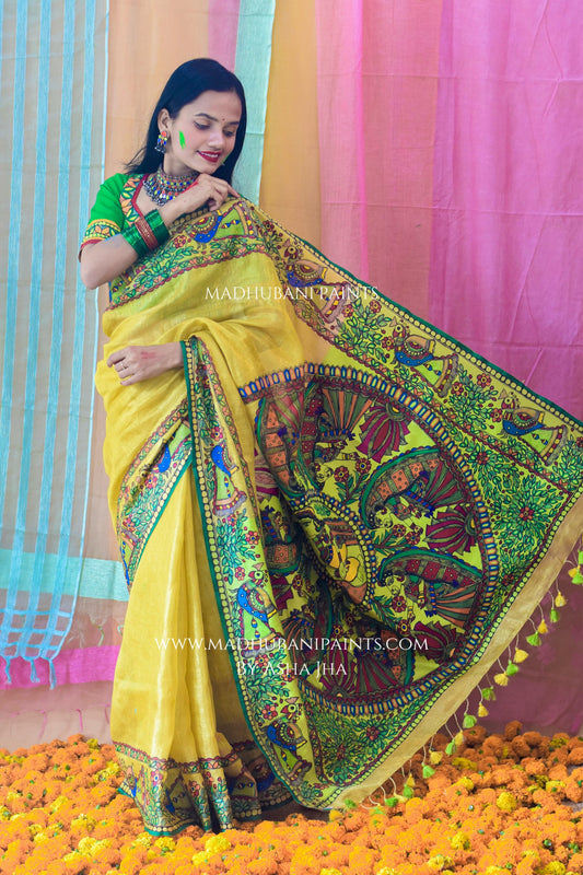 UMANG Hand-painted Madhubani Tissue Linen Saree