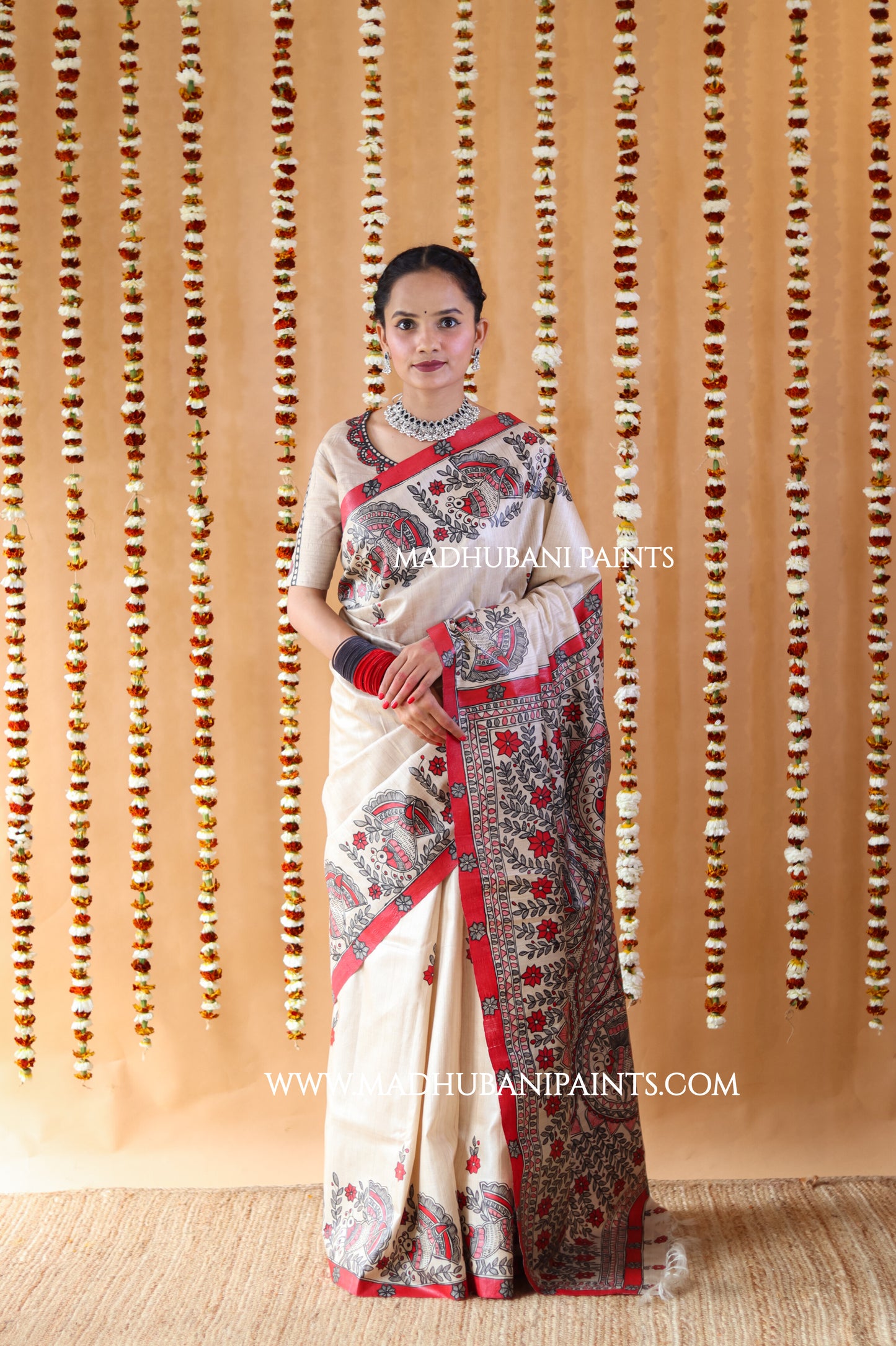 'MORNI' Handpainted Madhubani Tussar Silk Saree Blouse Set