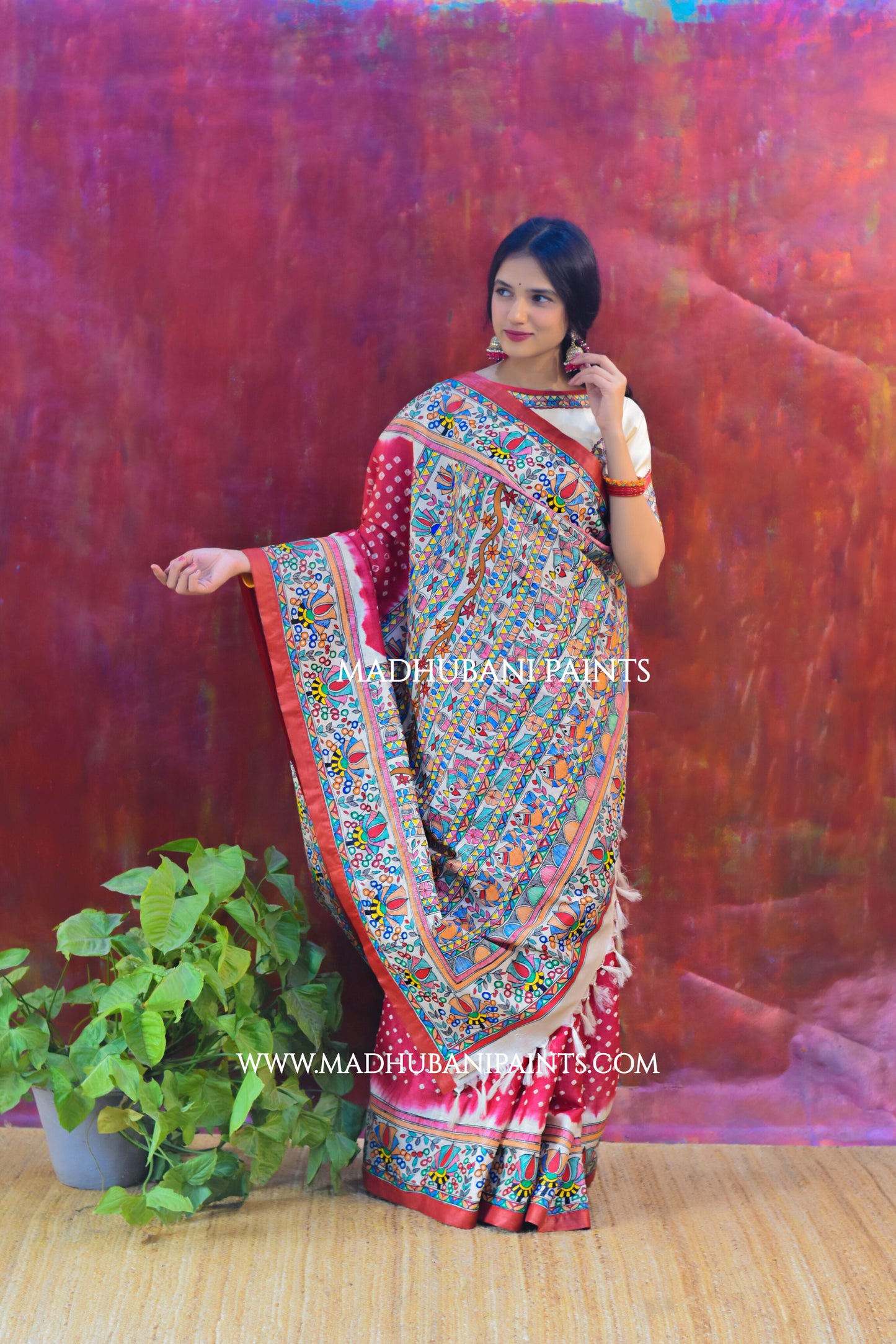LAALI Handpainted Tussar Silk Bandhini Madhubani Saree