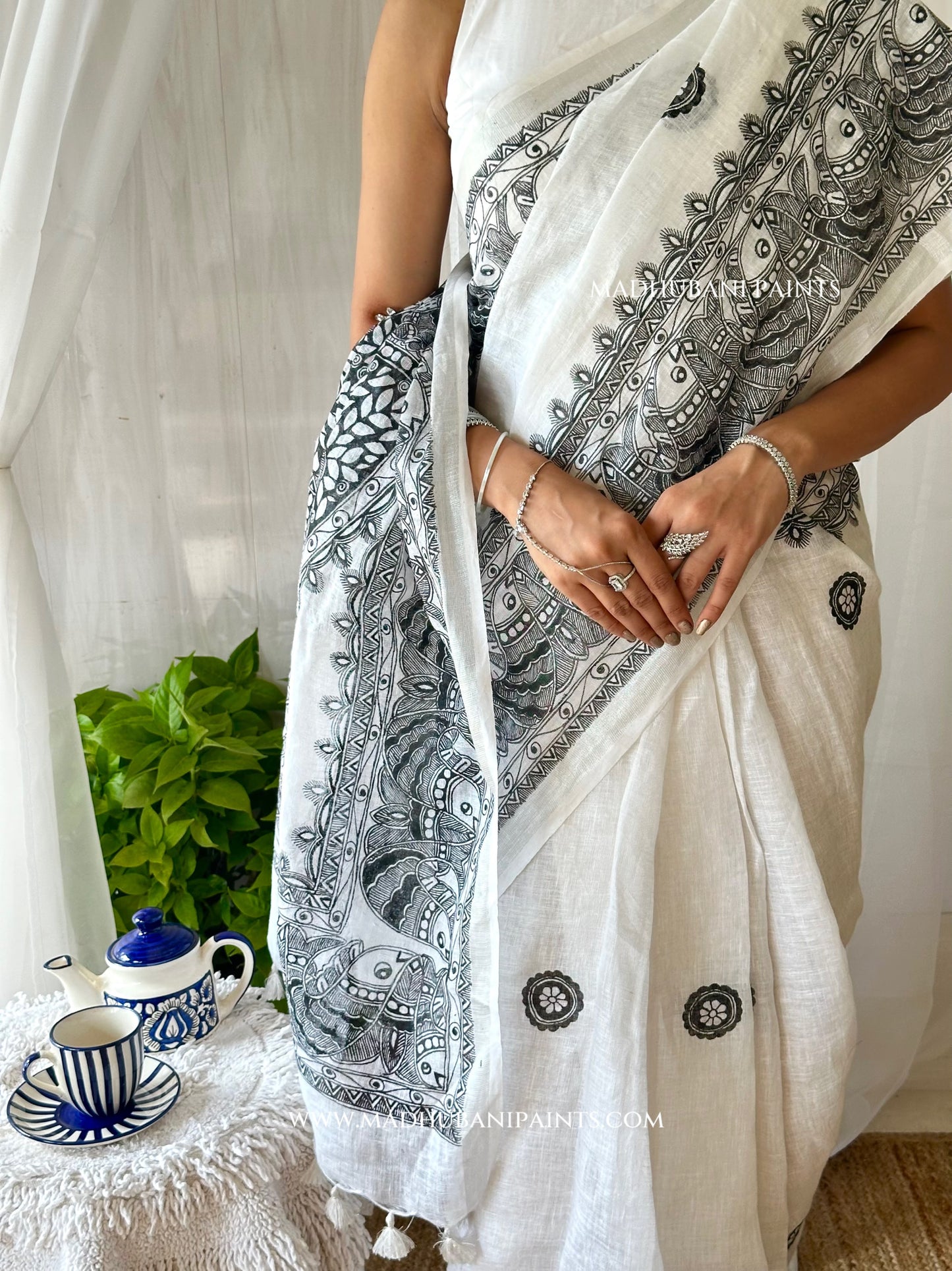 Linen Sagar Shringar Hand-painted Madhubani Painting Saree