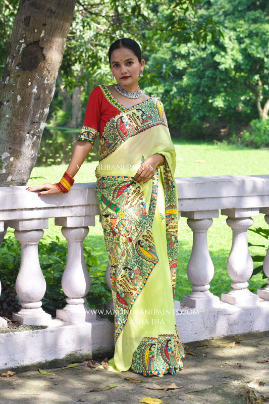 Swaymbar Hand-painted Madhubani Chiffon Saree