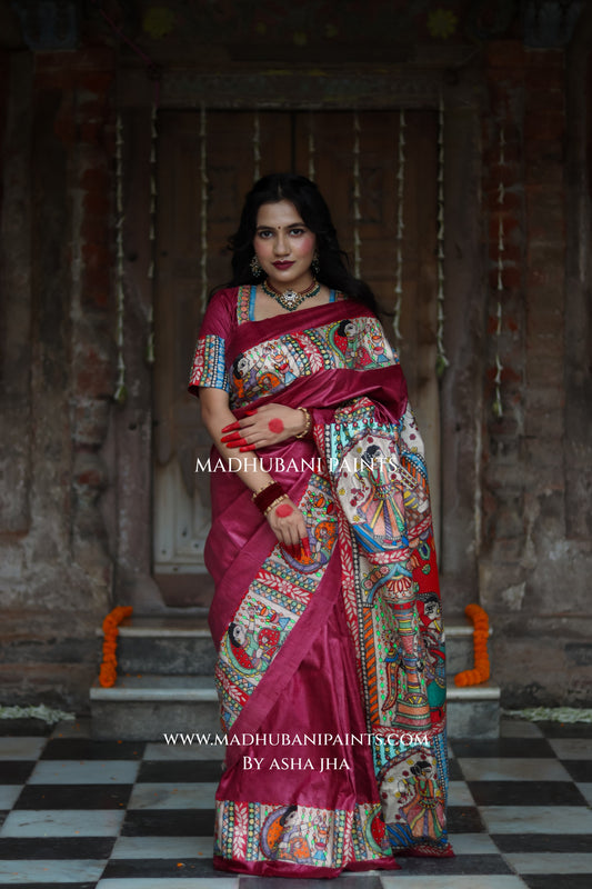 KAMAKHYA Handpainted Tussar Silk Madhubani Saree Blouse Set
